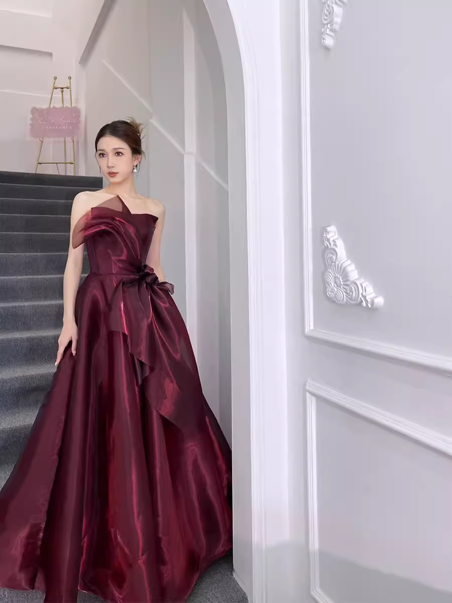 Ball Gown Strapless Burgundy Organza Prom Dresses Long Evening Dress P2023