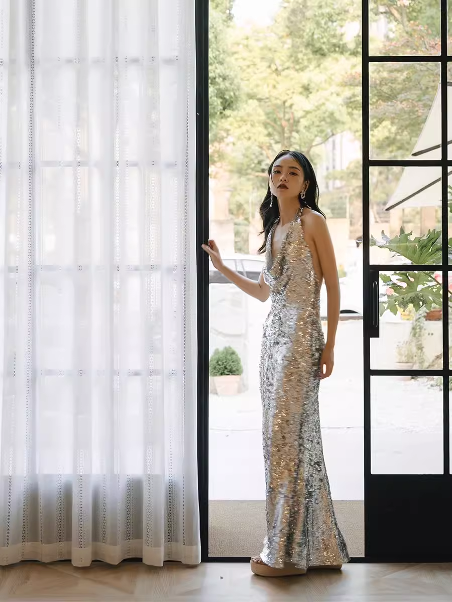 Sexy Mermaid Silver Sequin Prom Dresses Evening Dress P2155