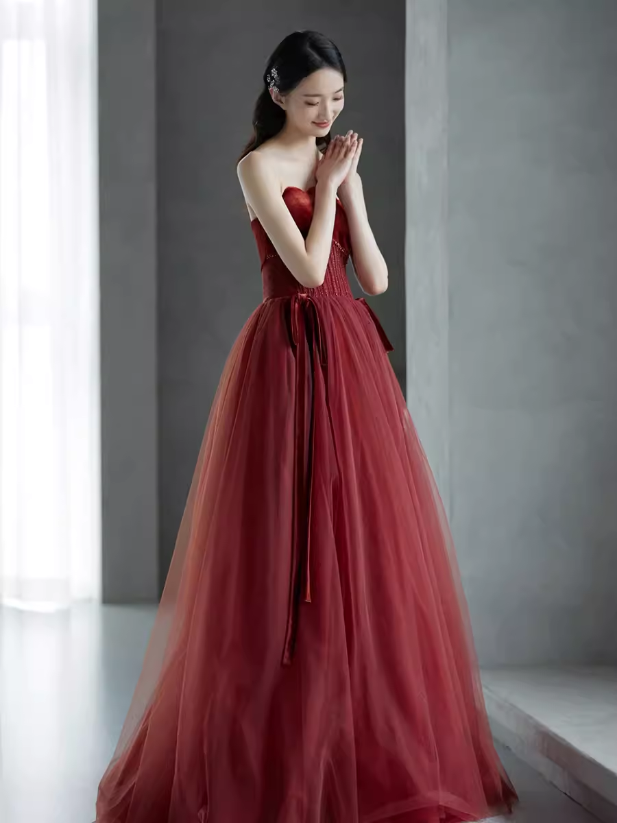 A line Burgundy Strapless Prom Dresses Evening Dress P2157