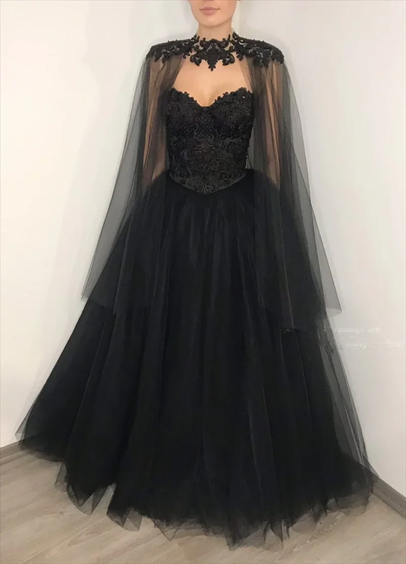 Vintage A line Beaded Strapless Tulle Long Prom Dress Black Formal Dress P1306