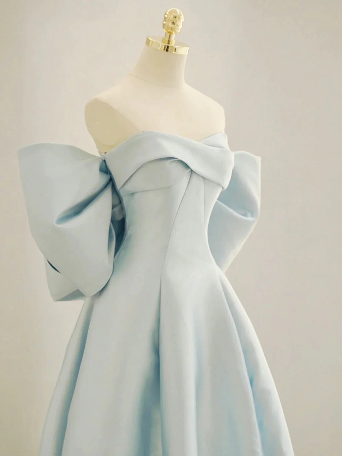 Simple A line Off the Shoulder Blue Satin Long Prom Dresses P2235