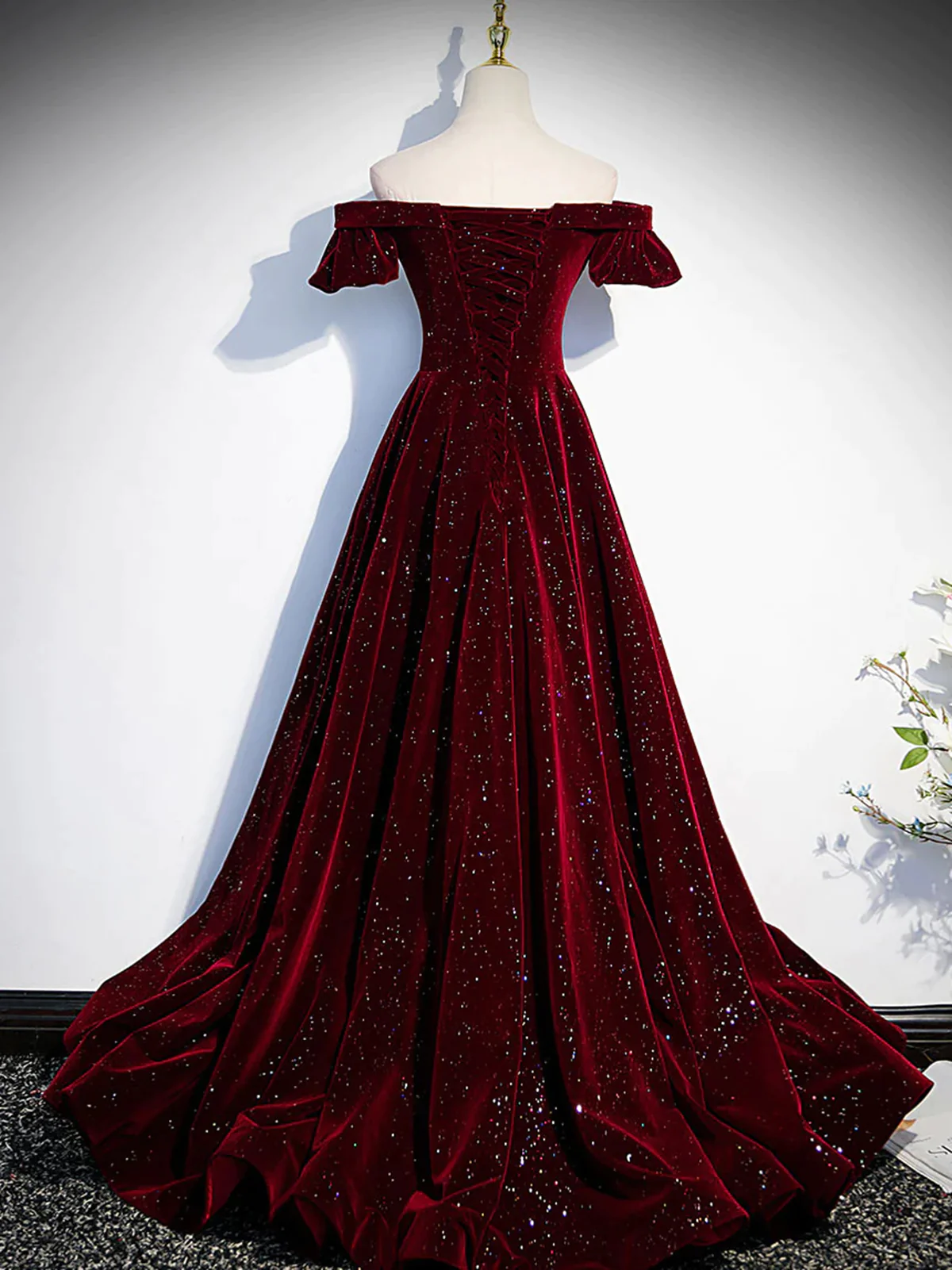 Shiny Off the Shoulder Burgundy Long Prom Dresses P2239