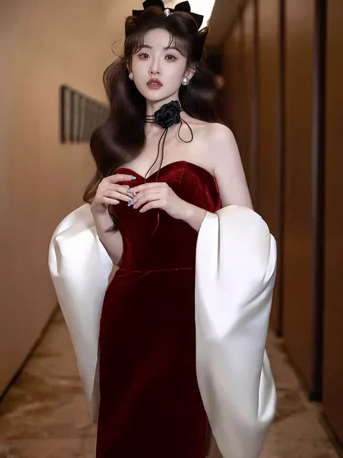 Burgundy Fashion Elegant Mermaid Off-shoulder Long Slim Velvet prom dress Evening Dress Party Dress gh3574