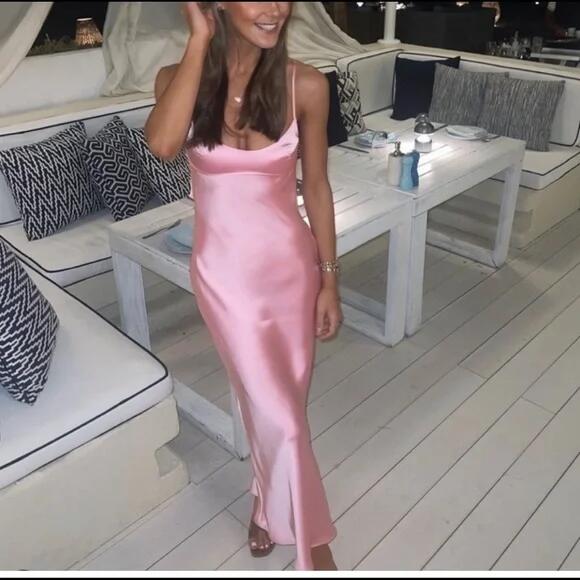 Simple A line Straps Sleeveless Party Dress Silk Satin Pink Prom Dress P845