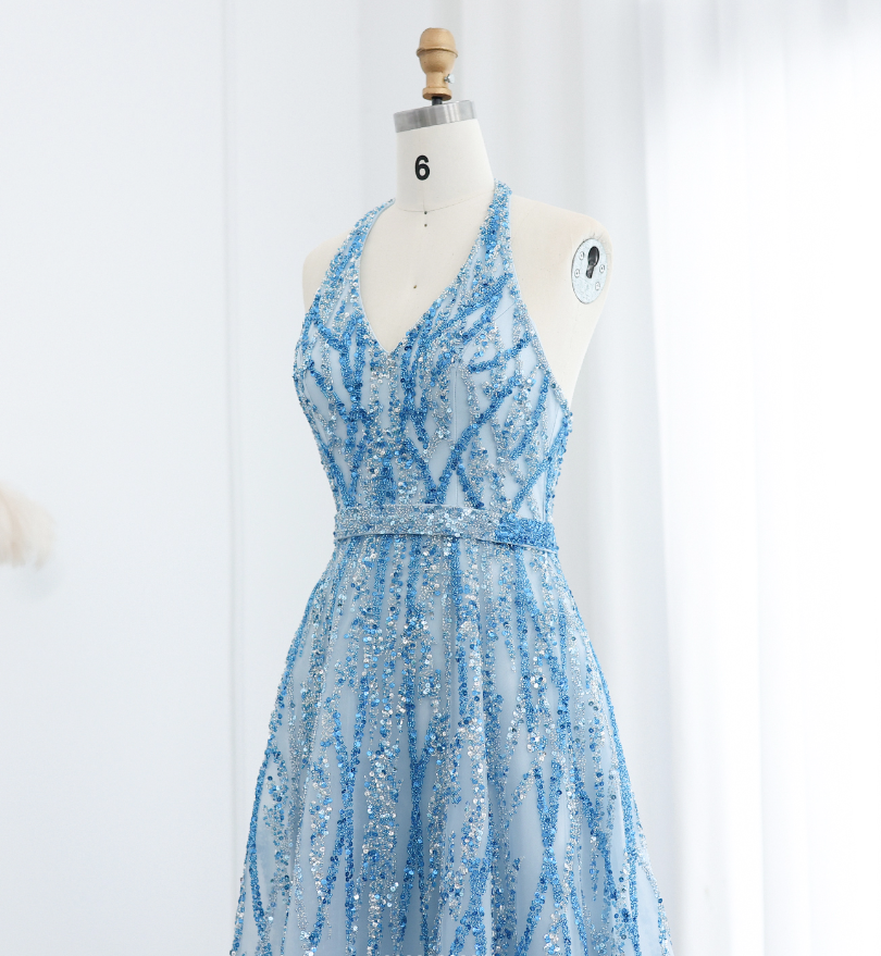Blue A Line V Neck Sequin Beaded Tulle Long Prom Dress Evening Dress SH2375