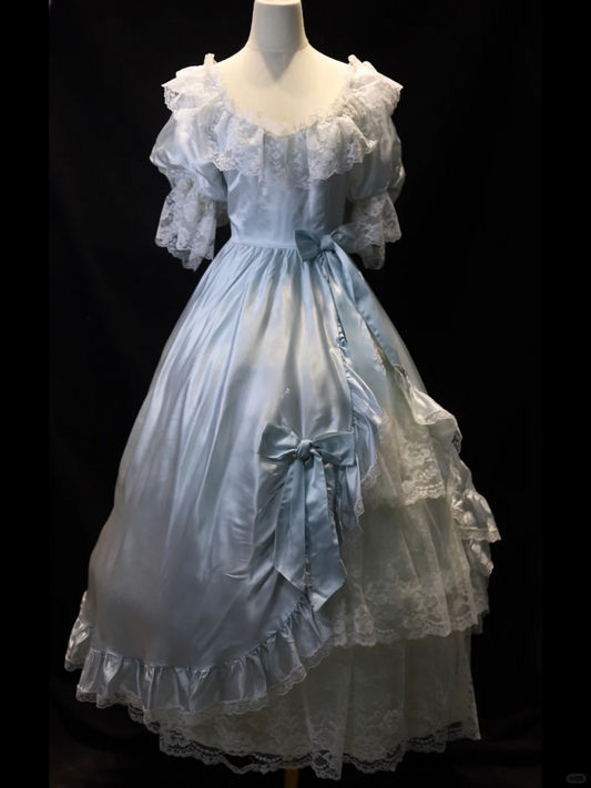 Vintage Bow Ball Gown Puff Layered Lace Satin Prom Dress 16th Birthday Dress SH3863