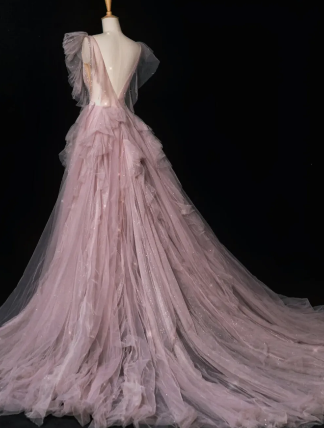 Pink Beaded A Line V Neck Ruffle Tulle Prom Dress Evening Dress Party Dress SH3619