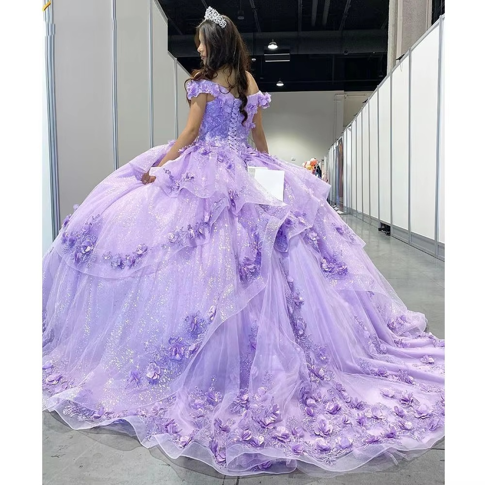 Light Blue Sparkly Off The Shoulder Appliques Prom Dress Quinceañera Dress Sweet 16 Prom Dress Ball Gown SH1136