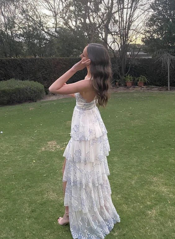 Elegant A Line Spaghetti Strap Tiered Tulle Prom Dress Evening Dress with Slit SH2132