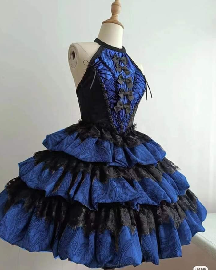 Charming Halter Satin Lace Multi-Layered Birthday Dress Formal Blue Homecoming Dress S450