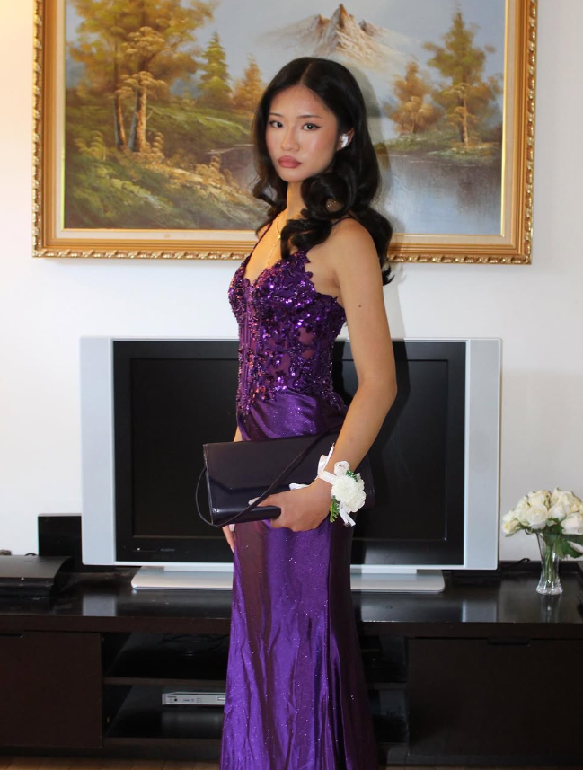 Purple Sheath Spaghetti Strap Appliques Satin Prom Dress Evening Dress with Slit SH2535