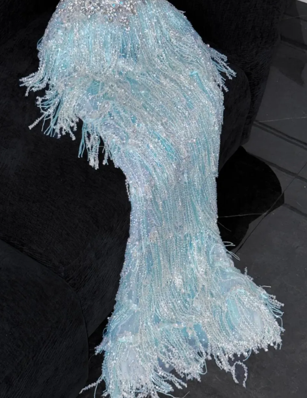 Gorgeous Exquisite Mermaid Beaded Blue Tulle Prom Dress Evening Dress Party Dress SH3618