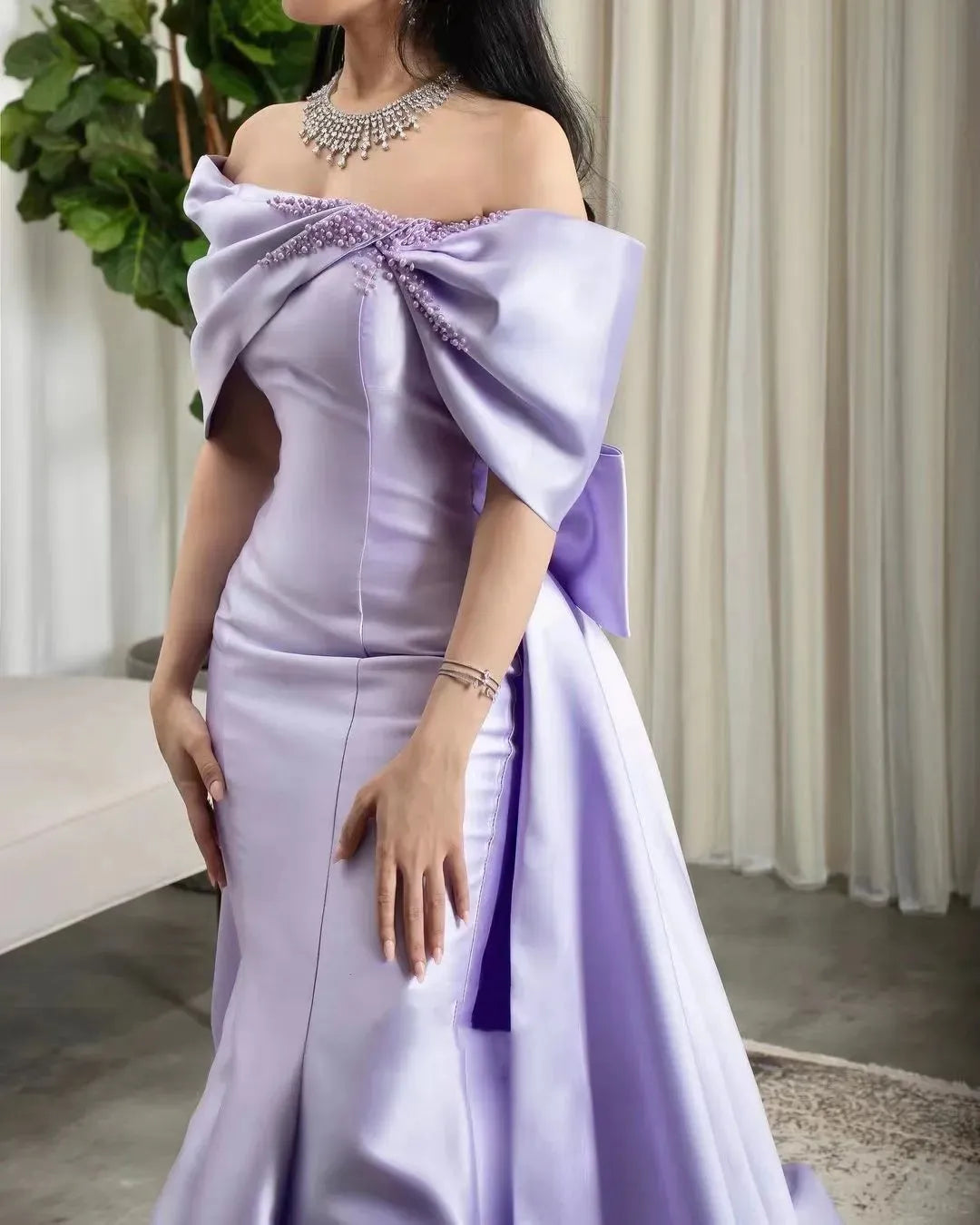 Lilac Pearls Evening Birthday Dress 2024 Off-The-Shoulder Mermaid Sweep Train Bow Satin Formal Prom Gowns fg4285