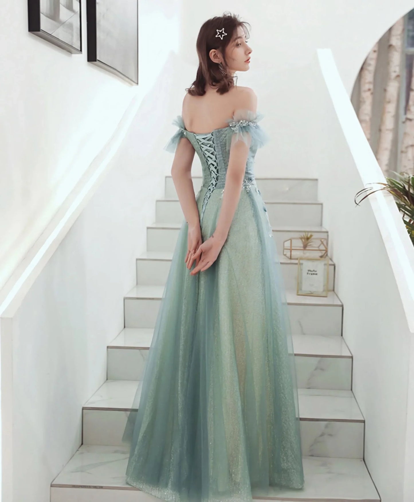 Green Tulle Lace Long Prom Dress, Green Tulle Formal Dress fg4189