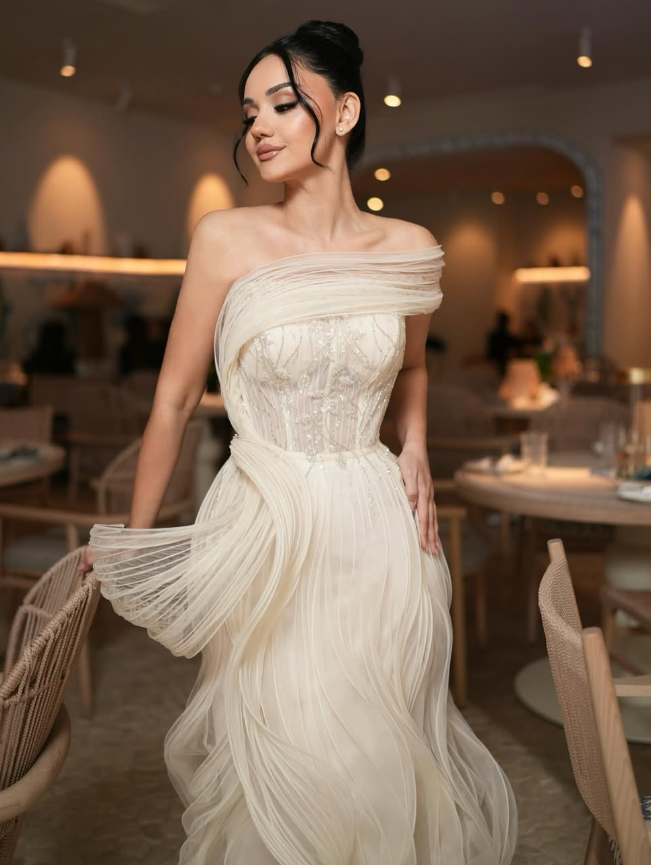 Unique A Line Strapless Ruffle Sequin Tulle Long Prom Dress Evening Dress SH2553
