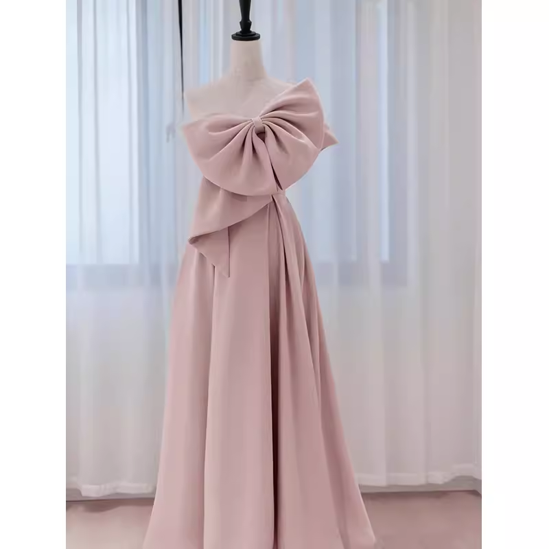 Pretty A line One Shoulder Pink Satin Long Evening Party Dress Prom Dresses With Bowknot PD0041