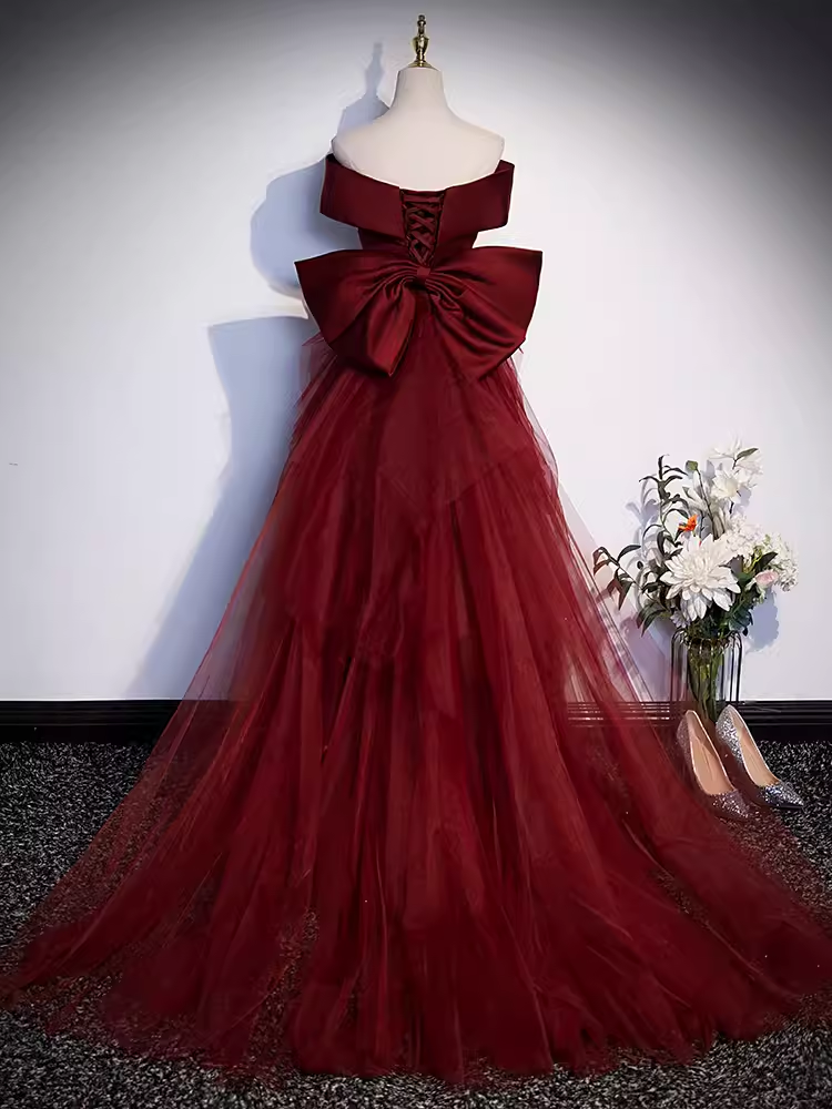 Pretty A line Off The Shoulder Burgundy Satin Long Evening Party Dress Prom Dresses With Bow PD0044