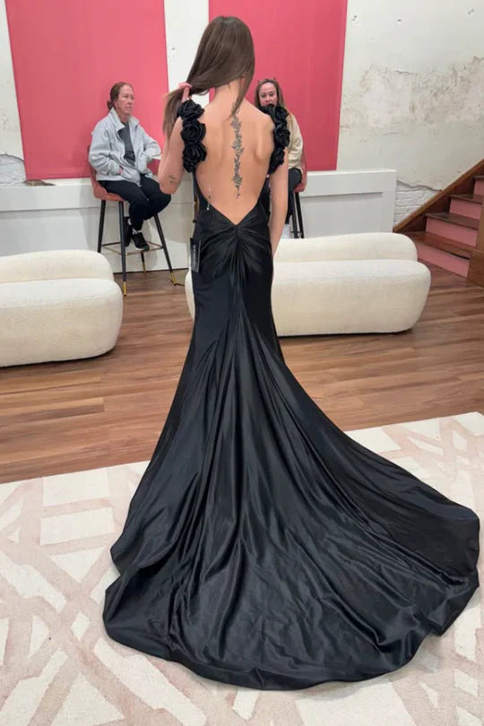 Sexy Mermaid Straps Neckline Pink Satin Backless Evening Gown Prom Dresses SD1431