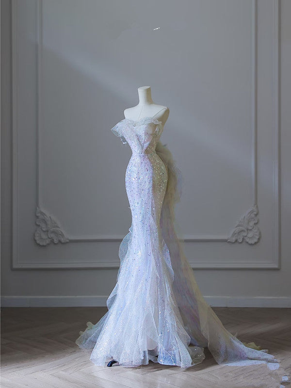 Modest Mermaid Strapless Tulle Flowers Evening Dress Long Prom Dresses SD1652