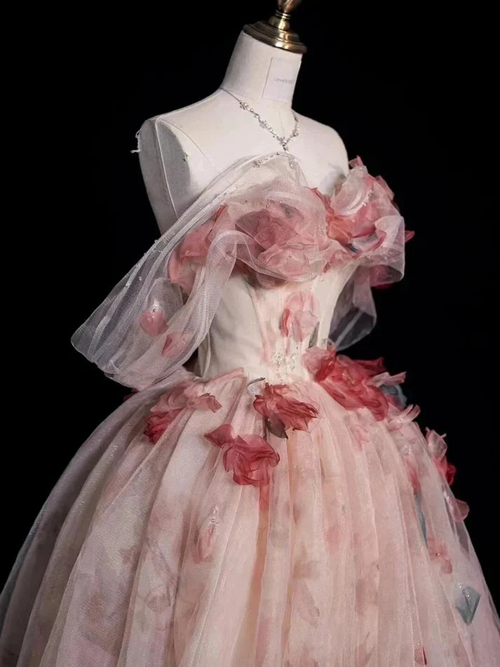 Aesthetic Ball Gown Off The Shoulder Pink Lace Party Dress Long Prom Dress Evening Dresses SD1772