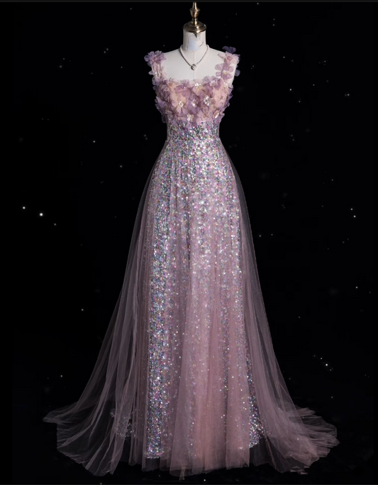 Modest A Line Straps Sequin Pink Party Dress Long Prom Dress Evening Dresses SD1855