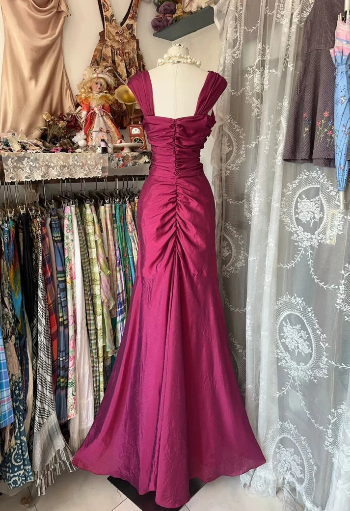 Pink Vintage Fashion Long Pleated Mermaid Slim Floor Length Satin Evening Gown Ball Gown gh3379