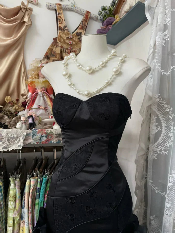 Black vintage fashion elegant long mermaid ruffle floor length evening gown prom dress party dress gh3632