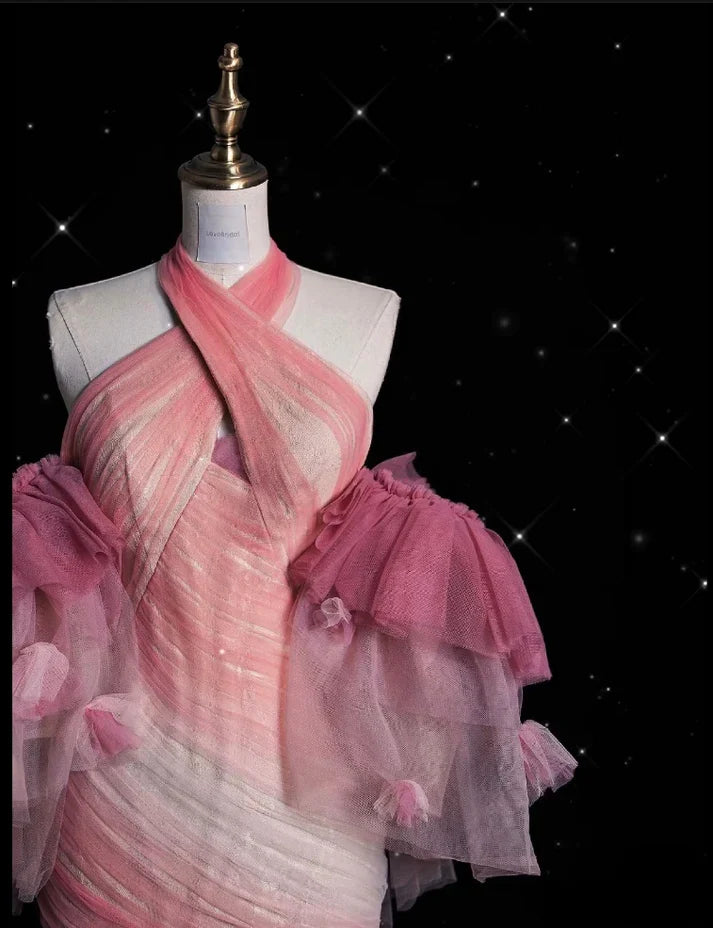 Pink Retro Gorgeous Fashion Floral Strap Long Tulle Floor Length Mermaid Slim Fishtail Skirt Ball Gown Evening Gown Prom Dress gh3619