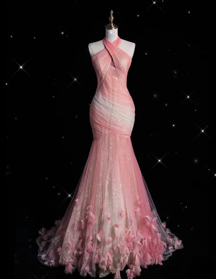 Pink Retro Gorgeous Fashion Floral Strap Long Tulle Floor Length Mermaid Slim Fishtail Skirt Ball Gown Evening Gown Prom Dress gh3619