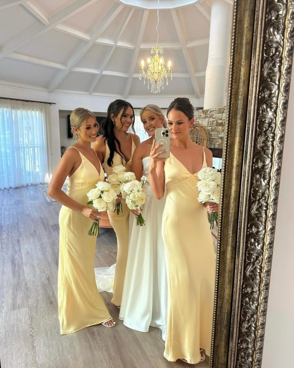 Gorgeous Sheath Straps Yellow Satin Prom Dresses Formal Summer Wedding Guest Dresses Wedding Guest Outfits DP766