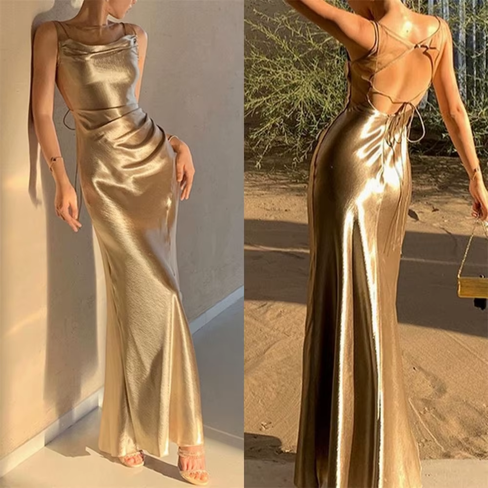 Fancy Mermaid Straps Neckline Champagne Satin Long Prom Dress Evening Dress Formal Dress SD2175