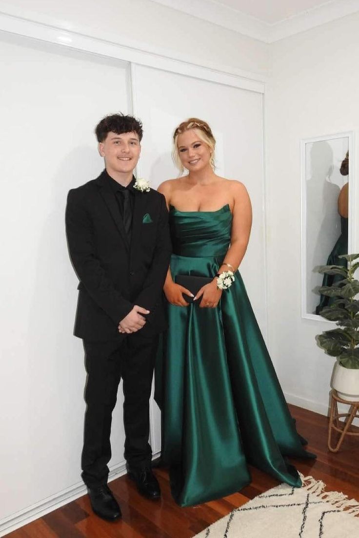 Pretty A Line Strapless Green Long Satin Prom Dresses Formal Evening Dress SD2406