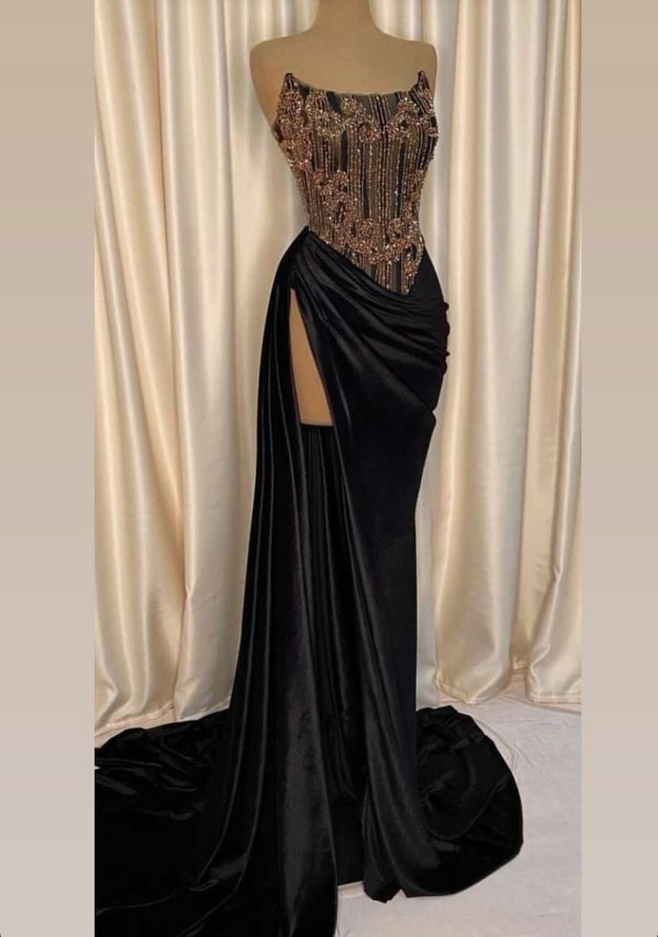 Pretty Sparkly Mermaid Strapless Black Prom Dress With Slit Black Girl Graduation Dress D2534