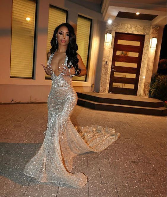 Pretty Mermaid V Neck Champagne Sequin Long Prom Dresses Graduation Dress Evening Gowns D2608