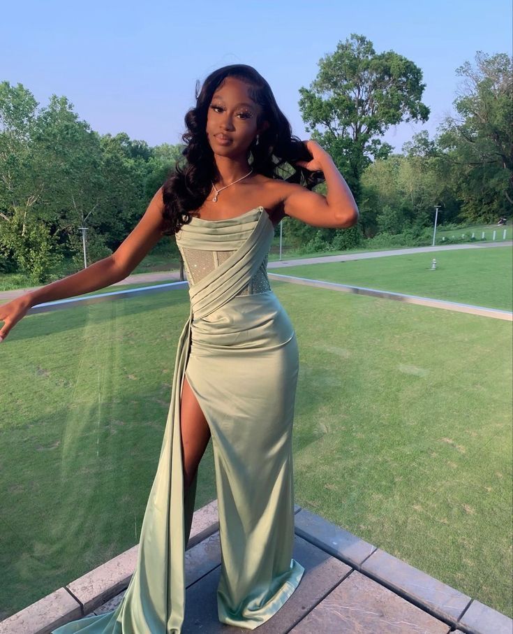 Pretty Mermaid Strapless Slit Black Girl Satin Long Prom Dresses Graduation Dress Evening Gowns D2614