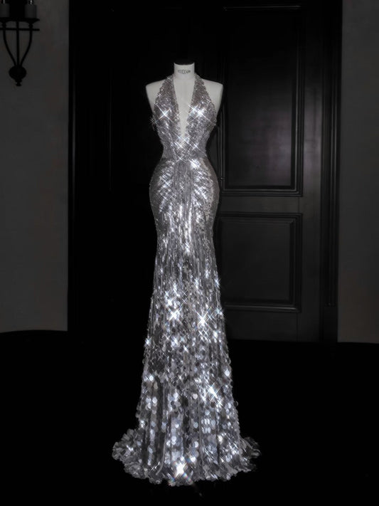 Sparkly Mermaid V Neck Silver Sequin Long Prom Dress Party Dress Graduation Dresses D2737
