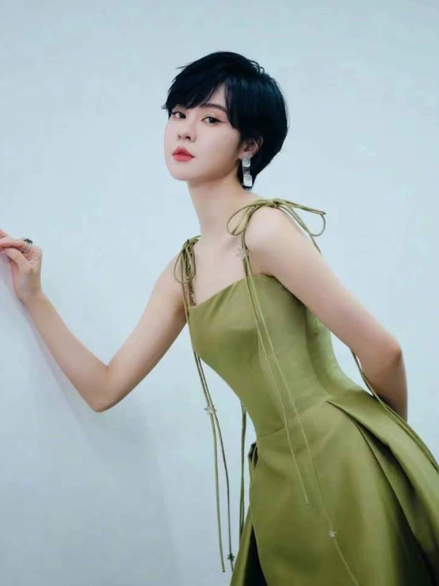 Pretty Ball Gown Straps Sage Green Satin Long Length Evening Dress Prom Dresses SD2781