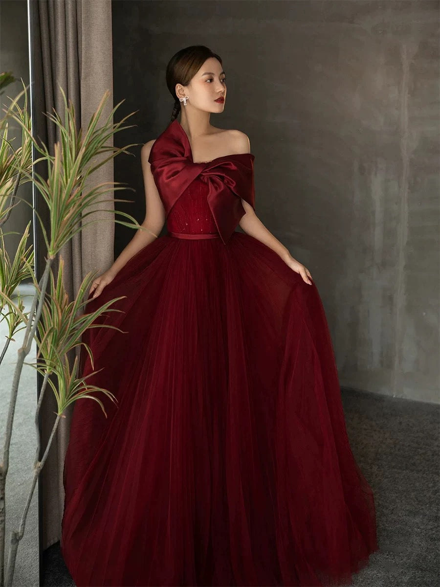 Vintage Ball Gown Strapless Burgundy Tulle Long Prom Gown Fairy Prom Dresses SD2808