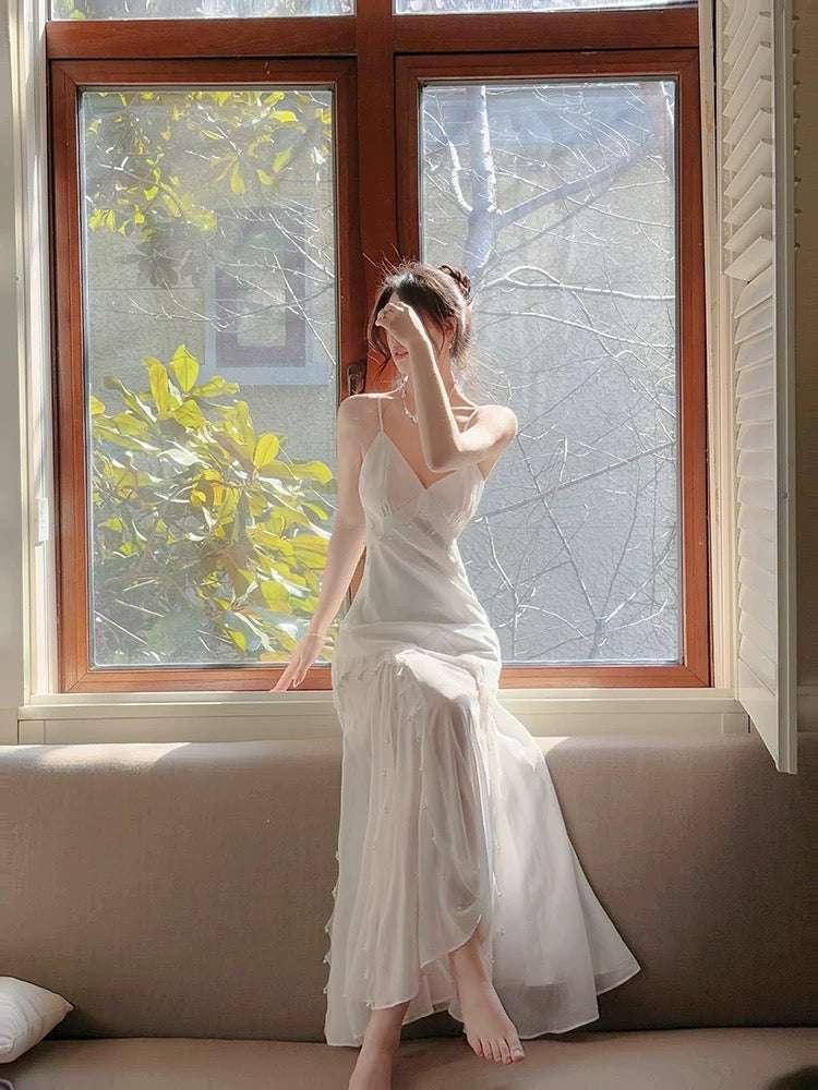 Modest Mermaid Spaghetti Straps White Long Evening Dress Prom Dresses SD2813