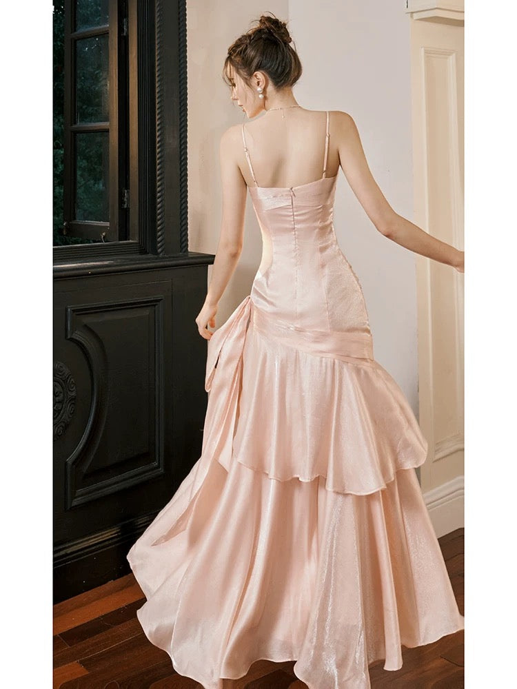 Retro Mermaid Spaghetti Straps Long Length Blush Pink Evening Dress Prom Dresses SD2854