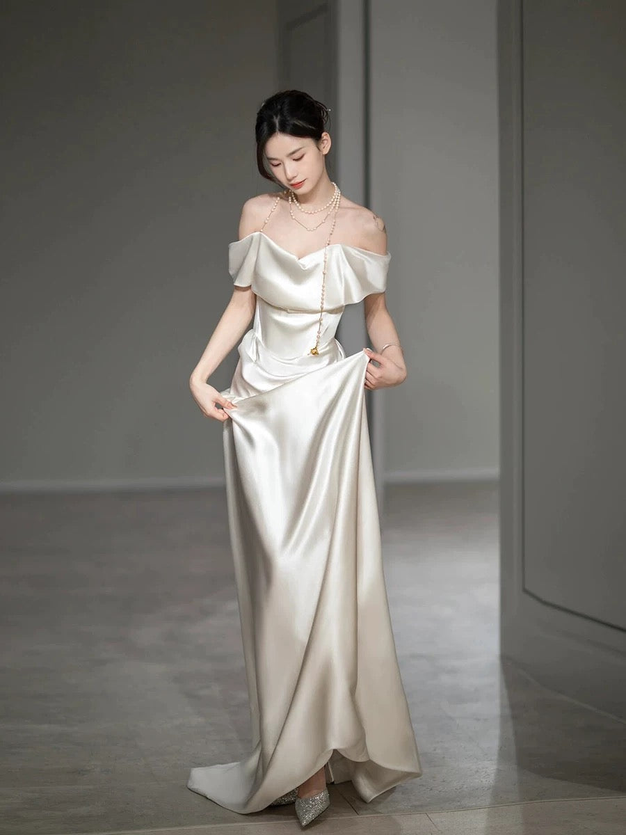 Elegant Mermaid Off The Shoulder Satin Short Sleeves Wedding Dresses Brides Dress H2868