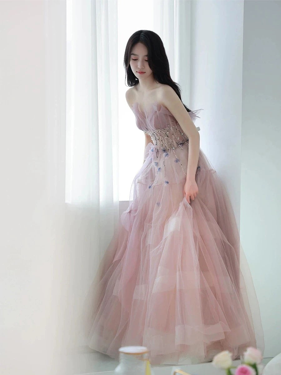 Classy Ball Gown Sweetheart Pink Tulle Evening Dress Long Prom Dresses H2874