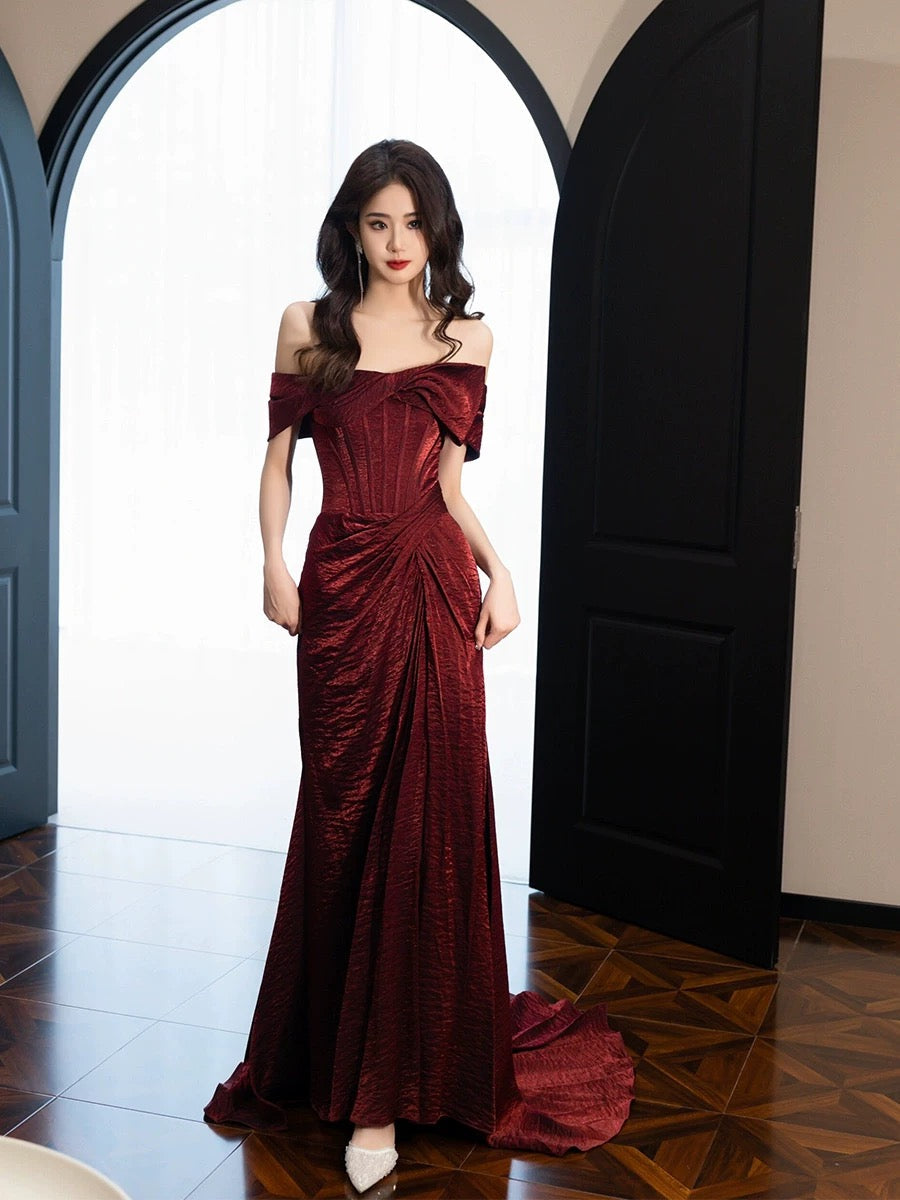 Classy Mermaid Off The Shoulder Burgundy Satin Slit Evening Dress Long Prom Dresses H2875