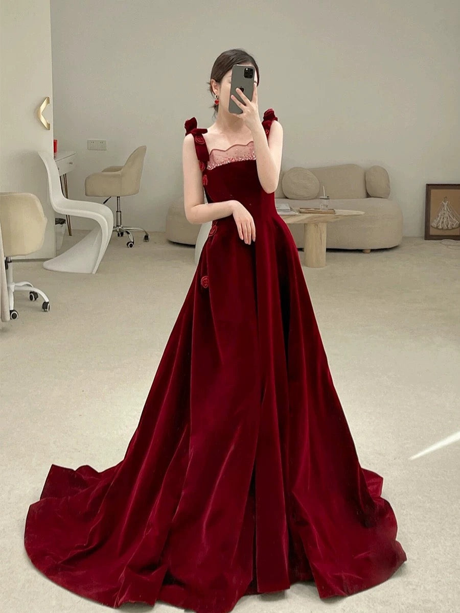 Classy Elegant A line Straps Burgundy Beading Sleeveless Velvet Prom Dresses H2883