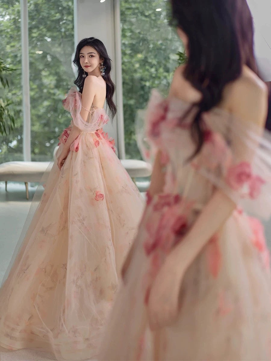 Classy Elegant A line Off The Shoulder Pink Tulle Flowers Short Sleeves Prom Dresses H2890