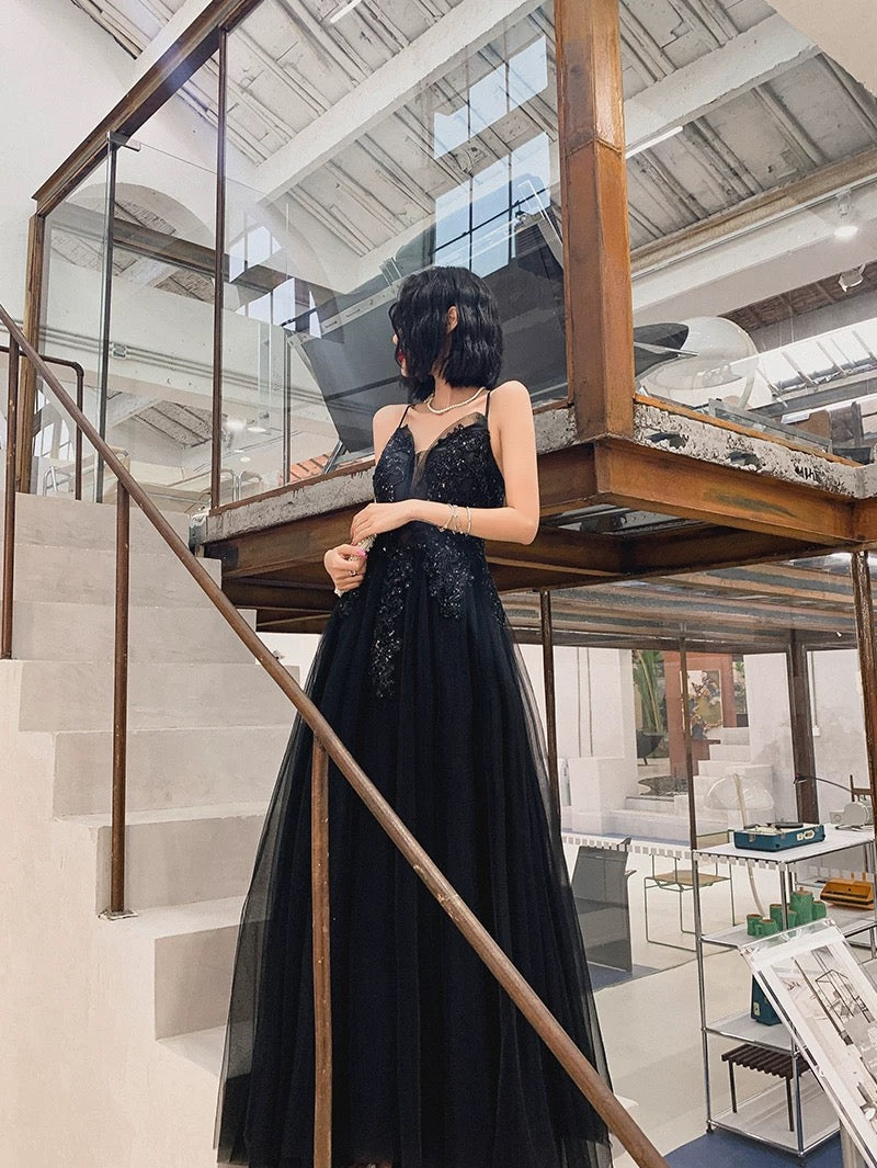 Classy Elegant A Line Spaghetti Straps Black Tulle Long Prom Dresses H2898