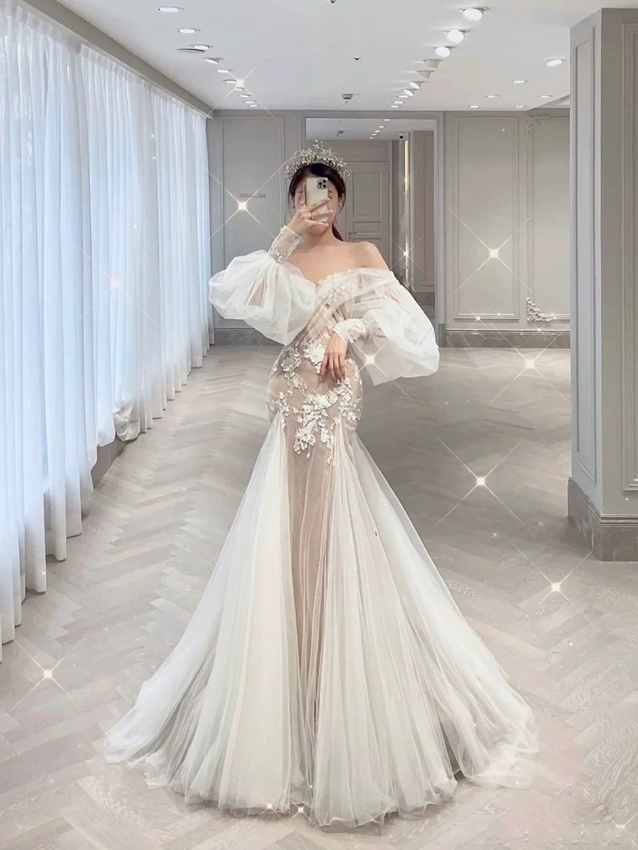 Elegant Mermaid Off The Shoulder White Lace Long Sleeves Wedding Dresses Brides Dress H2901