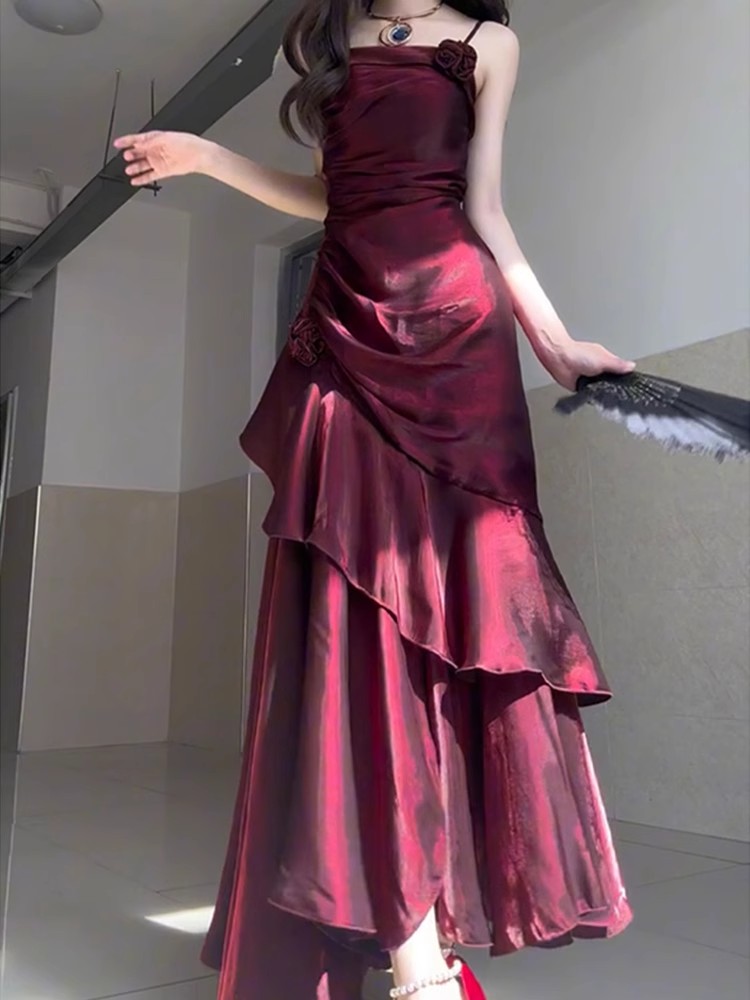 Chic Sheath Spaghetti Straps Burgundy Long Party Dresses Birthday Outfits SD434