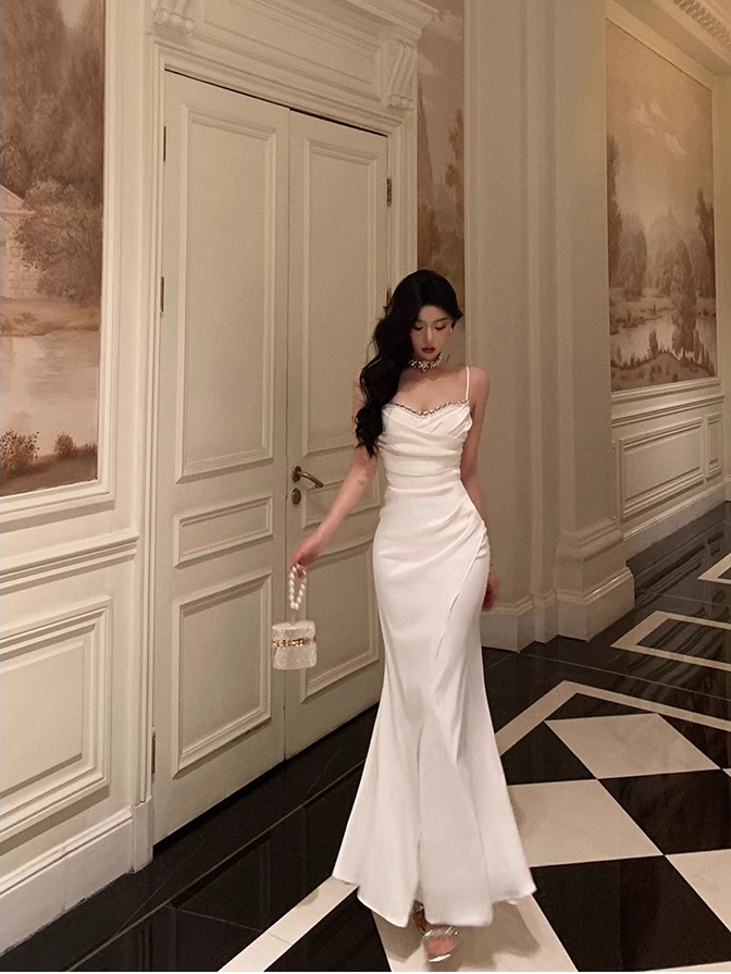 Chic Sheath Spaghetti Straps Long White Prom Dresses Birthday Outfits SD566