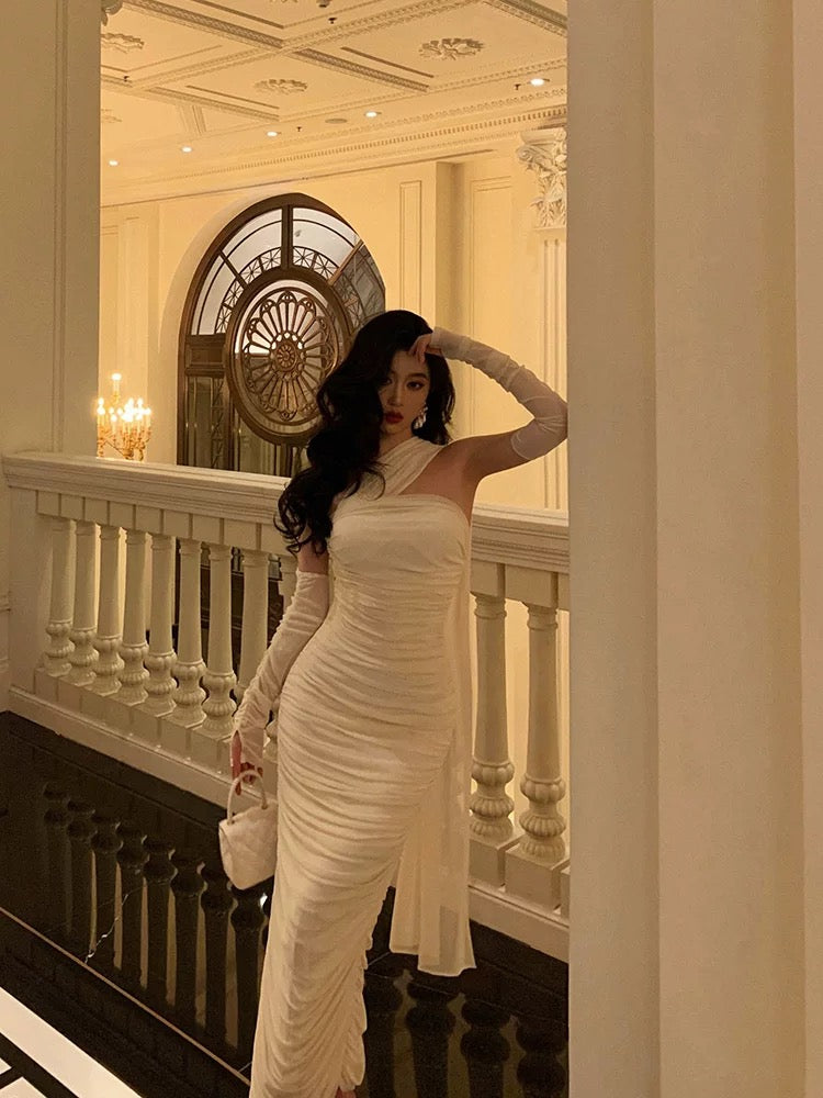 Stunning Sheath Strapless Sleeveless White Date Night Dress Ruffles Prom Dresses Birthday Outfit SD793